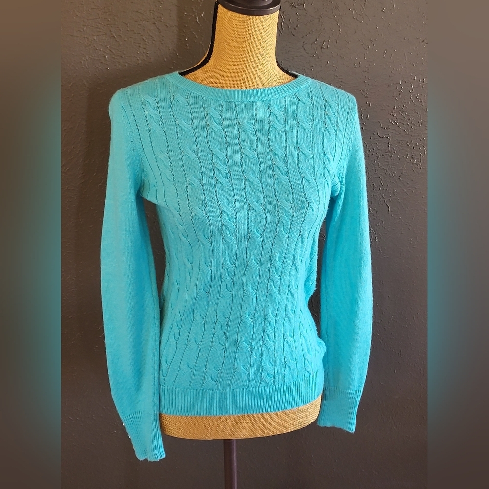 Talbots Small Petite Wool Blend Blue Cable Knit Pullover Sweater